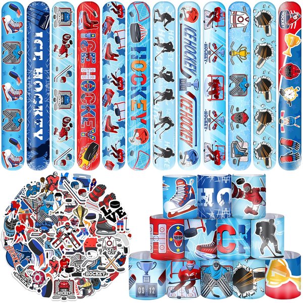 YYMYMGJ 74 PCS Ice Hockey Party Favors, 24 PCS Ice Hockey Slap Bracelets 50 PCS Ice Hockey Stickers Ice Hockey Birthday Party Decorations Supplies Gifts for Kids Classroom Rewards