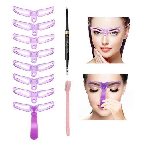 Eyebrow Stencil, Eyebrow Shaper Kit,8 Styles Reusable Eyebrow Template Positioning Tool, The Wide is 5.2 Inch, Length is 4Inch, with Handle and Strap, Eyebrow Razor, 1 Coffee Eyebrow Pen