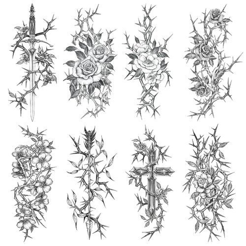 Oottati 8 Sheets Arm Waterproof Temporary Tattoos Black Sword Thorns Flower Rose Cross