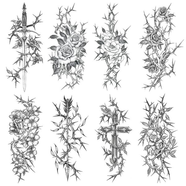 Oottati 8 Sheets Arm Waterproof Temporary Tattoos Black Sword Thorns Flower Rose Cross