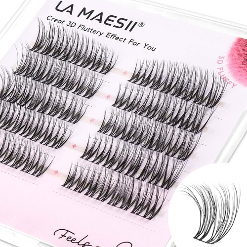 LA MAESII Lash Clusters, 3D Cluster Eyelash Extensions Fluffy DIY Cluster Lashes Wispy Natural Eyelash Clusters, 10-14mm Multi-layer Individual Lashes Soft Thin&Wide Band Reusable (3D46)