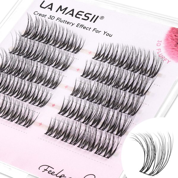 LA MAESII Lash Clusters, 3D Cluster Eyelash Extensions Fluffy DIY Cluster Lashes Wispy Natural Eyelash Clusters, 10-14mm Multi-layer Individual Lashes Soft Thin&Wide Band Reusable (3D46)