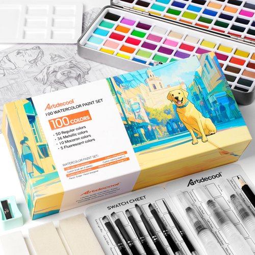 Artdecool 100 Colors Watercolor Paints Set for Adult Beginners and Professionals, Travel-Sized Watercolor Art Kit & Gifts with Brushes and Palette, Drawing Art Supplies for Teens Girls Boys Kids.