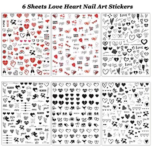 Valentine's Day Nail Art Stickers Black Heart Shape Romantic Cupid Nail Decals Exquisite Nail Art Supplies 3D Self Adhesive Design Valentine's Day Nail Stickers for Women Girls DIY Nail Decoration
