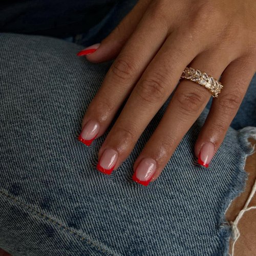 30Pcs Red French Tip Press on Nails Short Square Nails Press ons, Short Fake Nails Coffin Acrylic Nails French Glue on Nails Short False Nails for Women, Natural French Short Gel Nails 15 Sizes