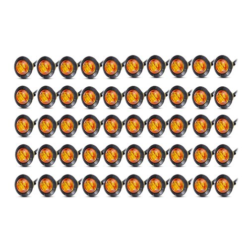 Meerkatt (Pack of 50 3/4 Inch Mini Round Amber LED Side Marker Turn Signal Light Clearance Lamp for Truck Trailer Marine Waterproof 12V DC with Rubber Grommets