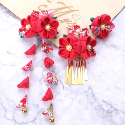 Lurrose 3pcs Japanese Kimono Flower Hair Clips Tassel Hair Hairpins Japanese Style Traditional Kimono Hair Barrettes Hair Accessories for Women (Red)