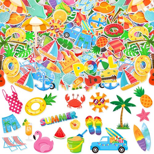 JULBEAR Summer Foam Stickers,300 Pcs Bulk Self-Adhesive Hawaiian Beach Stickers for Arts Crafts Beach Theme Summer Birthday Party Favors Decoration Home DIY Supplies