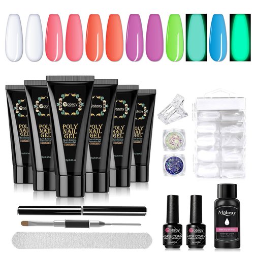 Mobray Poly Nail Extension Gel Kit-6 Colors Clear Purple Pink orange Glow in Dark Green and Blue ...