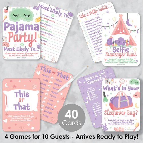 Big Dot of Happiness Pajama Slumber Party - Sleepover Party Games - Slumber Party Games - 4 Girls Sleepover Birthday Party Games - Kids Party Games - 10 Cards Each - Gamerific Bundle