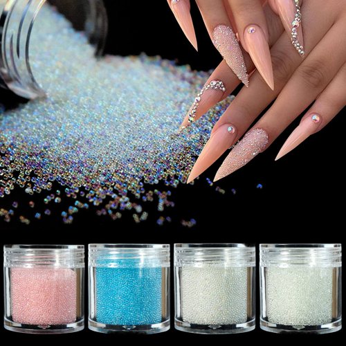 4 Colors Caviar Beads Nail Crystals Micro Pixie Beads Multicolor Glass Pixie Crystals for 3D Nail...