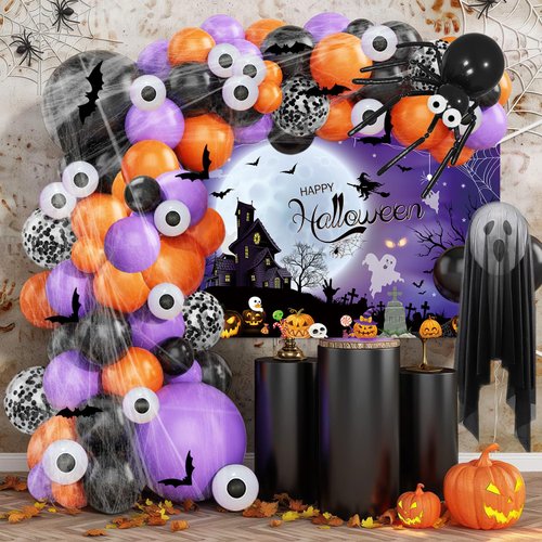 MEHOFOND Halloween Party Decorations 184pcs, Purple Orange and Black Halloween Balloons with Happy Halloween Banner, Spider Web, Bats for Halloween Ghost Birthday Supplies Halloween Party