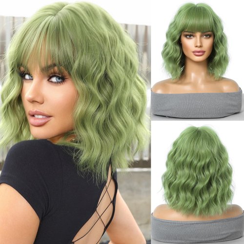 MAGQOO Green Wig for Women Green Bob Wigs Short Curly Wavy Green Wigs with Bangs Costume Cosplay Halloween