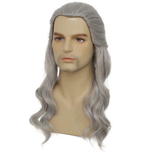 Tseses Long Grey Curly Men Wigs Wavy Synthetic Mullet Wig 70s 80s Natural Rocker Mullet Party Funny Wig Costume Wig