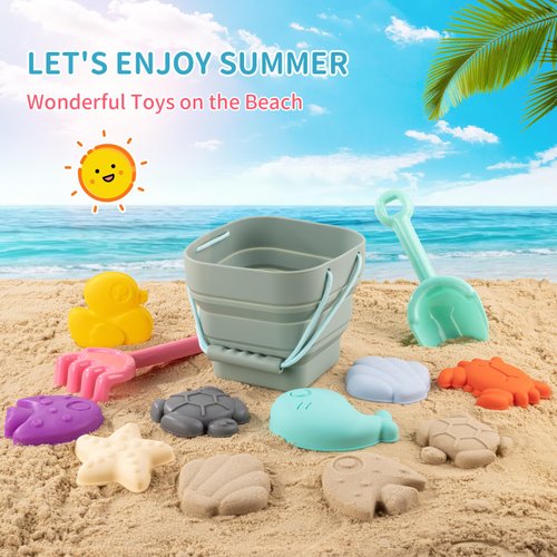 WEYOVGO Silicone Beach Toys - Modern Baby Travel Friendly Beach Set | Bucket, Shovel, 7 Sand Molds, Bag | Sand Toys for Toddlers, Kids - 11pc (Light Green)