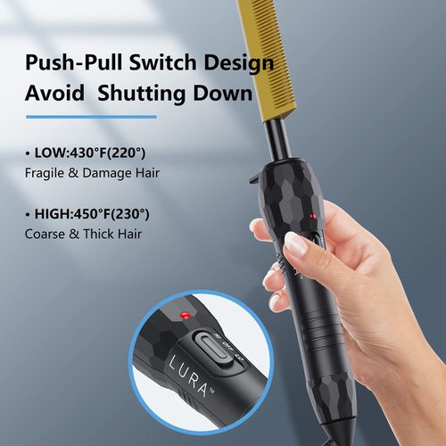 LURA Electric Hot Comb for Lace Front Wigs, Medium, Ceramic, Black, Hair Straightener for African American Hair, Afro Hair, Pressing Combs for Black Hair