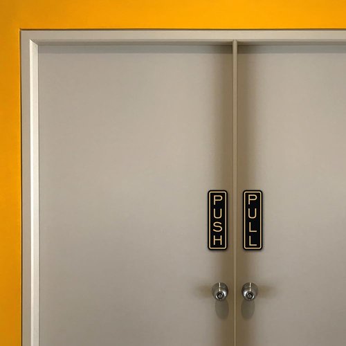 All Quality Classic Vertical Push Pull Door Signs - Great for Glass Doors | Professional Looking Signs | Easy Installation Includes Double-Sided Foam Adhesive Tape (Black/Gold) - Medium (1 Pack)