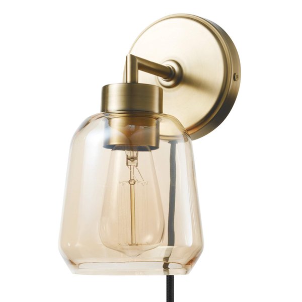 Globe Electric 51715 1-Light Plug-in or Hardwire Wall Sconce, Matte Brass, Smoked Amber Glass Shade, Black Fabric Cord, in-Line On/Off Switch, Pendant Lights Kitchen Island, Bulb Not Included