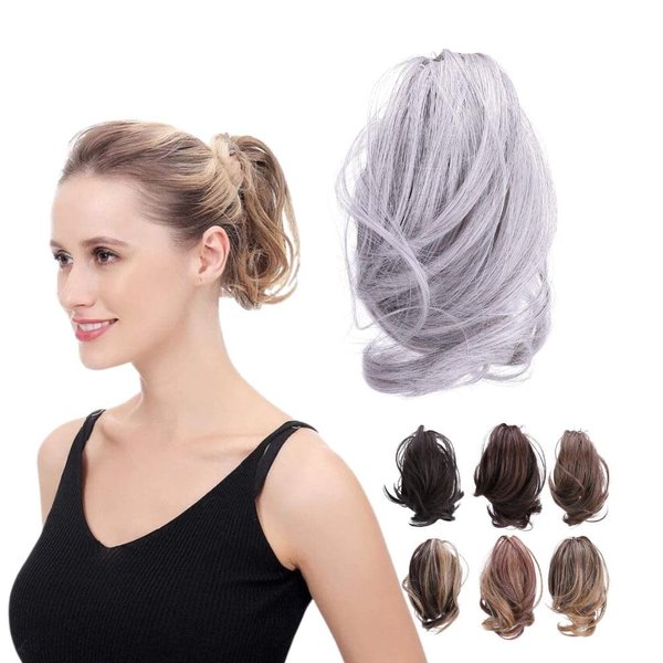 JUVABUN Claw Clip Wavy Ponytail Extension 7" -Light Gray| Hair Extension Clips | Ponytail Extension Human Hair | Wavy Hair Extensions | Washable Realistic And Synthetic |Light Gray