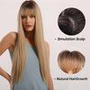 EMMOR Ombre Blonde Wig with bangs for Women, Long Straight Natural Synthetic Hair Dark Root Wigs, Party Cosplay Daily Use (28" Ombre Blonde)