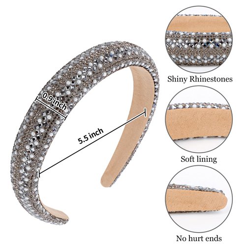 Amariver Gray Rhinestones Headbands for Women Sparkly Padded Head Band Glitter Pearl Hair Band Bling Crystal Headband Diamonds Headbands Non-slip Fancy Hair Accessories for Women Girls
