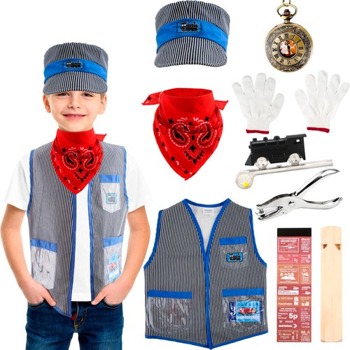 Flotory 10 Pcs Kids Train Engineer Costume Set Train Driver Cap Vest and Whistle Train Conductor Dress Up Kit for Boys Girls Halloween Cosplay Day Pretend Party