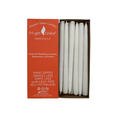 D'light Online White Taper Candles, 10 Inch Premium Quality Candles Hand-Dipped Tapered Candles, Dripless, Smokeless and Unwrapped Bulk Pack for Events - Set of 12 (10 Inch, White)