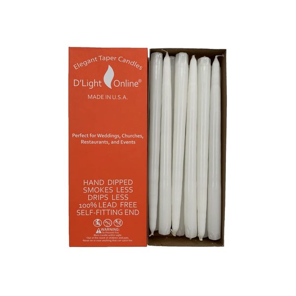 D'light Online White Taper Candles, 10 Inch Premium Quality Candles Hand-Dipped Tapered Candles, Dripless, Smokeless and Unwrapped Bulk Pack for Events - Set of 12 (10 Inch, White)