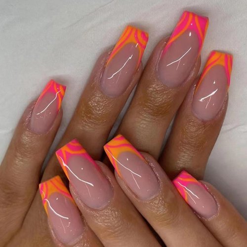 French Tip Press on Nails Medium Coffin Orange Fake Nails Ballerina Ombre Acrylic Nails Glossy Glue on Nails Artificial Nails Orange Designs Stick on False Nails for Women Girls Manicure 24pcs