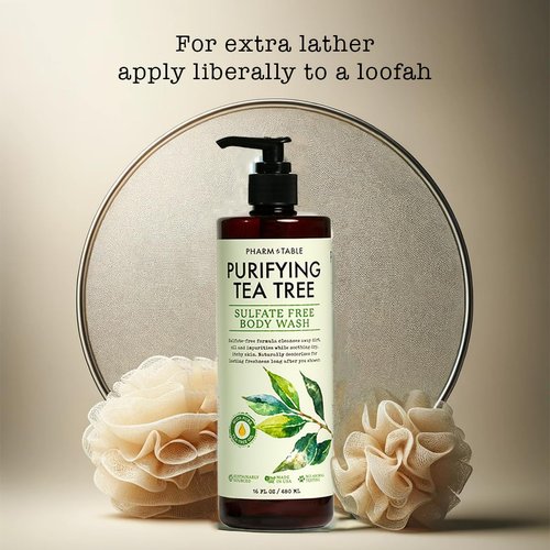 PHARM TO TABLE Soothing Tea Tree Body Wash Sulfate-Free Shower Gel – Nourishing Hydration Soothes Dry, Itchy Skin - Infused with Tea Tree oil, Mint, Vitamin E & Aloe, 16.2oz