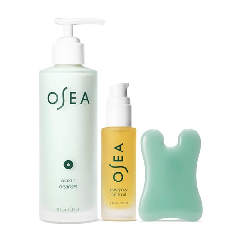 OSEA Glow & Go Facial Full Size Set - Includes Full Size Ocean Facial Cleanser (5oz), DayGlow Face Oil (1oz), Gua Sha Sculptor - Clean Beauty Set - Radiant Mother's Day Gift Set