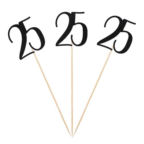 Black Glitter 25th Birthday Centerpiece Sticks, 12-Pack Number 25 Table Topper Anniversary Party Decorations