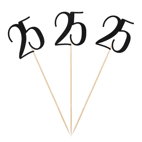 Black Glitter 25th Birthday Centerpiece Sticks, 12-Pack Number 25 Table Topper Anniversary Party Decorations