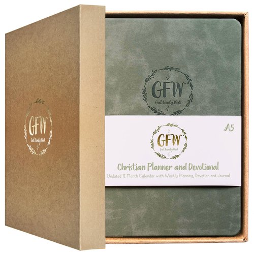 Christian Planner and Devotional with Gift Box – Undated 12 Month Calendar with Weekly Planning, Devotional and Journal - Beautiful Vegan Leather Cover - GFW Life Premium A5 2024 Planners