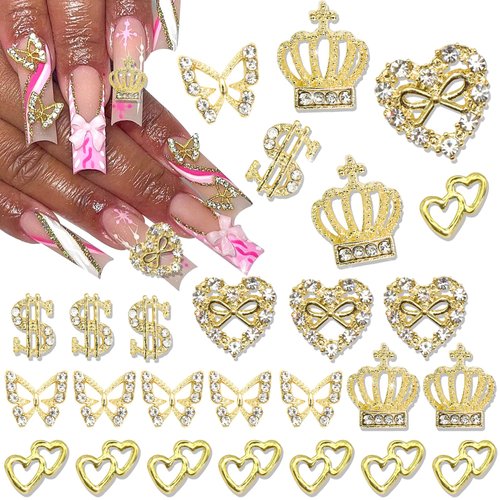 YAEISM 30PCS Gold Nail Charms 3D Crown Nail Charms Crystal Money Sign Nail Charms 5 Styles Heart Nail Charms Shiny Butterfly Charms Nail Rhinestones for Nail Art and DIY Crafts Decoration