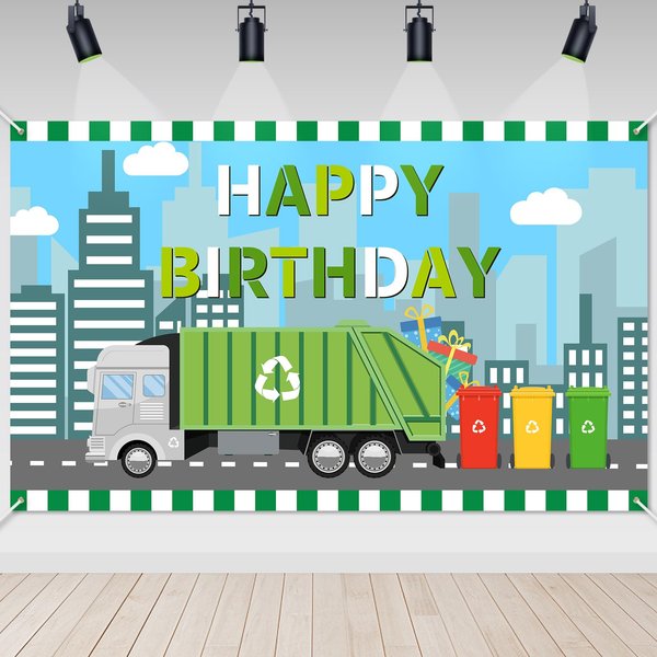 Avezano Garbage Truck Birthday Backdrop for Kids Trash Truck Birthday Party Supplies Green Garbage Truck Happy Birthday Decorations Banner 70.8 x 43.3 Inch