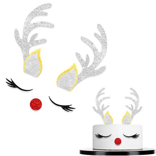 Christmas Reindeer Cake Topper Deer Eyelashes Nose Ear Antler Picks for Merry Christmas Happy New Year Theme Decor Supplies Baby Shower Happy Birthday Party Decorations