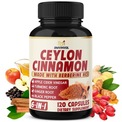 Ceylon Cinnamon Capsules with Berberine HCl, Apple Cider Vinegar, Turmeric, Ginseng, Black Pepper - 6in1 for Support Immune Function - 120 Count