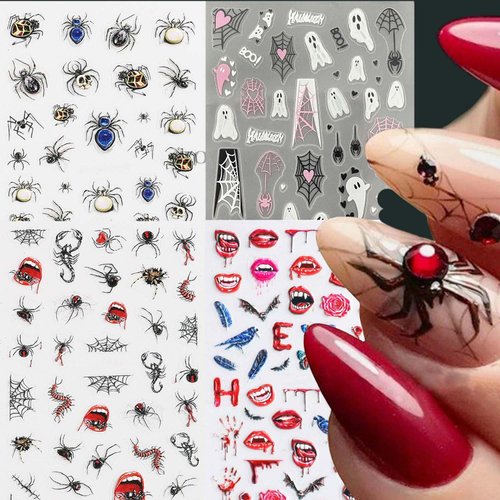 ANDGING Halloween Nail Stickers for Nail Art with 5D Scream Ghost Spider Web Bat Skull Eyes Design 4 Sheets Halloween Nail Art Sticker for Press on nails Horror Self Adhesive Nail Decals Decoration