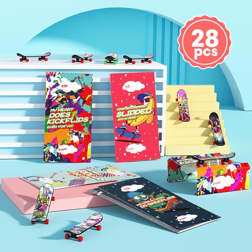 28 Pack Valentines Day Greeting Cards with Toys for Kids, Mini Fingerboard Valentine School Classroom Exchange Prizes for Students, Party Favors for Children's Birthday Gift (Finger Skateboards)
