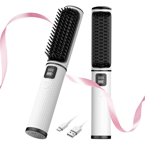 Cordless Straightening Brush - Portable Mini Negative Ion Brush for Fast Heating Hair Styling, Quick Heat & Travel Size, 5000mAh USB Rechargeable