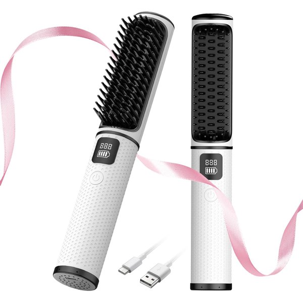Cordless Straightening Brush - Portable Mini Negative Ion Brush for Fast Heating Hair Styling, Quick Heat & Travel Size, 5000mAh USB Rechargeable