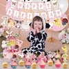 Hungdao 58 Pcs Farm Animals Birthday Party Decorations Pink Barnyard Farm Animal Party Supplies Include Cow Print Balloons, Farm Animal Cupcake Toppers, Happy Birthday Banner for Kids Girl Baby Shower