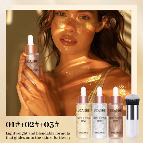 UCANBE 3 Pcs Face Body Glitter Liquid Highlighter Illuminator Dewy Drops with Makeup Brush, Makeup Sparkle Shine Luminizer Enhancer Body Shimmer Tint 50ml/1.69oz x 3 (3Pcs, Standard)