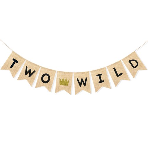 Uniwish Two Wild Banner Baby Boy Girl 2nd Birthday Party Decorations Garland Jungle Theme Party Supplies Rustic Two Years Old Birthday Sign with Glitter Crown