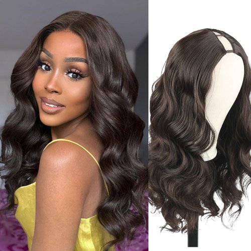 Matthia Chocolate Brown Body Wave V Part Wig Upgrade U Part Synthetic Wigs for Black Women, 24inch Long Wavy Brown Wig V Shape Glueless Wigs Full Head Clip in Half Wig No Leave Out(#4)