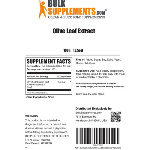 BULKSUPPLEMENTS.COM Olive Leaf Extract Powder - Herbal Supplement Powder, Antioxidants Source - Gluten Free - 750mg per Serving, 133 Servings (100 Grams - 3.5 oz)