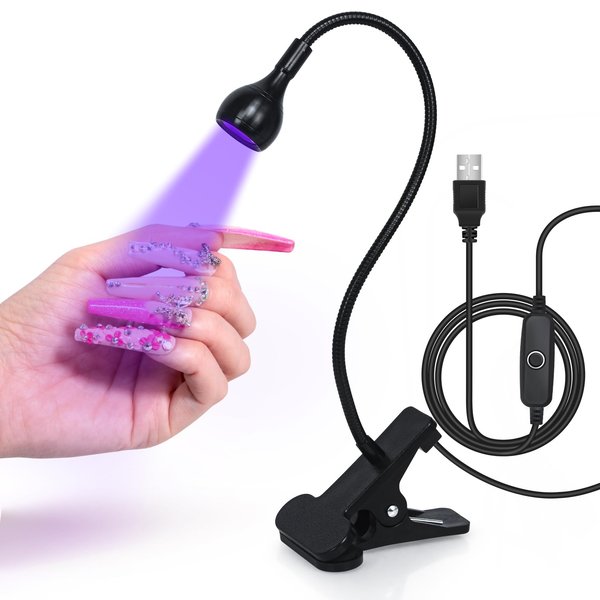 krofaue UV LED Nail Lamp, UV Light for Nails 3W 5V UV Lamp for Gel Nails with 4 Levels Setting Gooseneck Lamp Clip Professional Nail Dryer for Gel Polish Curing Nail Tips Art Tools Accessories