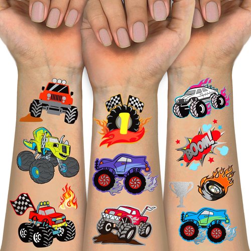 Temporary Tattoos for Kids, 75 PCS Truck Fake Tattoos for Birthday Party Favor- Silver Metallic Styles Tattoos | Monster Truck, Car Racing, Checkered Flag, Flames Tattoo for 5 6 7 8 Years Boys Girls