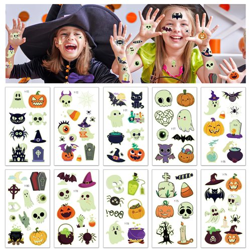 Ozepao 10 Sheets Halloween Temporary Tattoo Stickers Set, 88 Unique Designs with Pumpkins, Skulls, Skeletons, Ghosts, Bats, and More | Perfect for Party Favors, Supplies, and Decoration